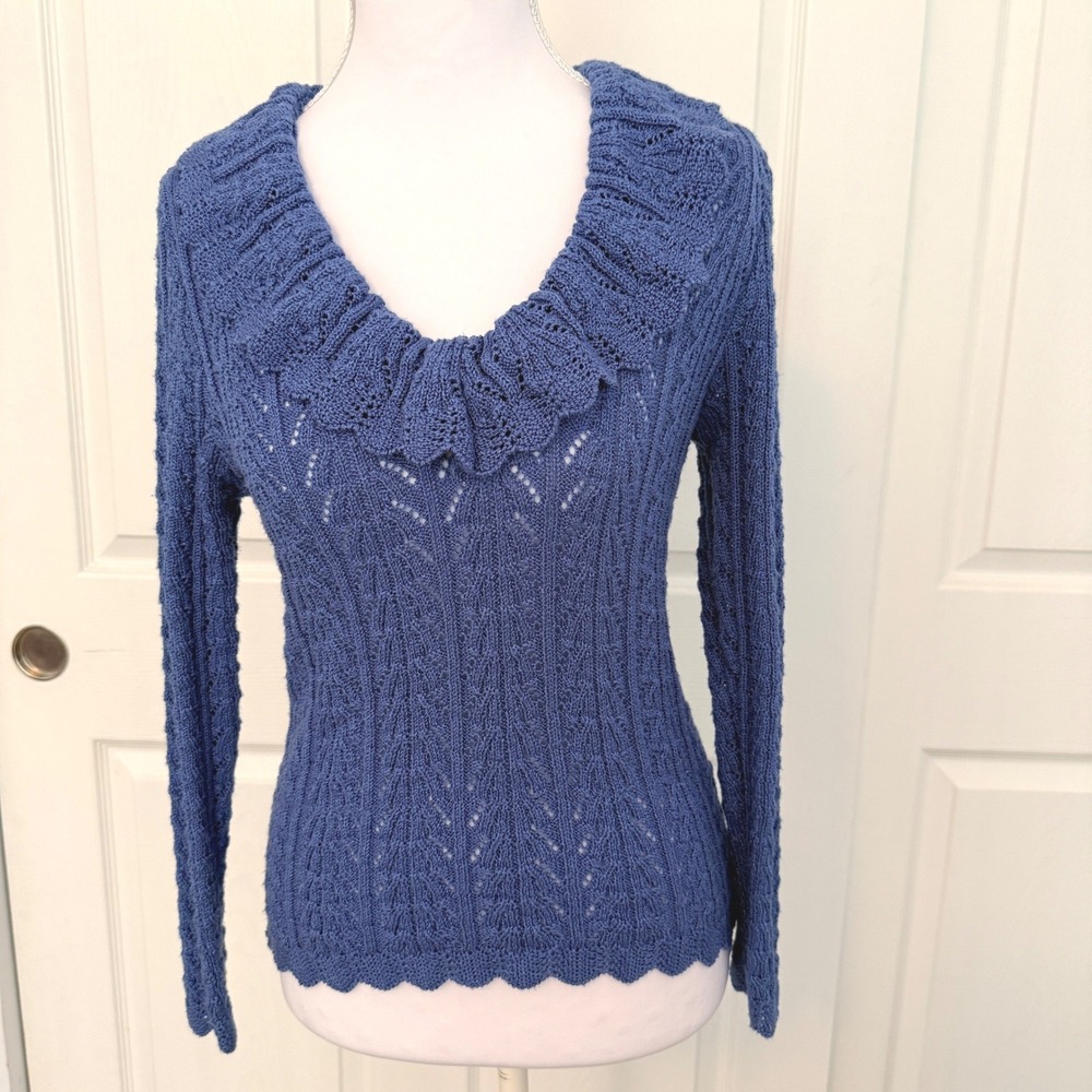 Vivanti Sweater Womens 10 Blue Vintage Ruffle Neck Pointelle Knit ILGWU Union